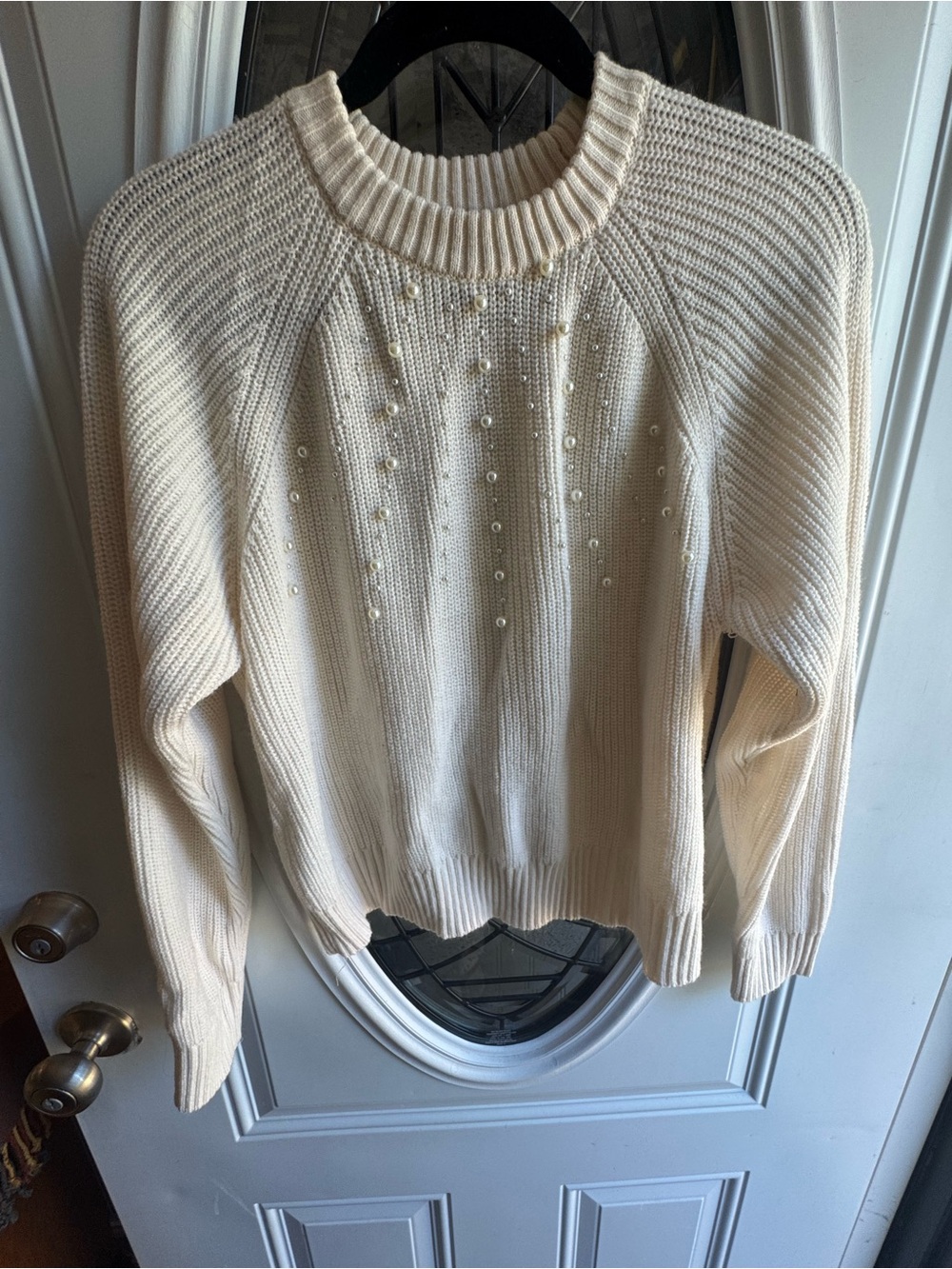 French Connection M Ivory Pearl Embellished Chunky Knit Crewneck Sweater
